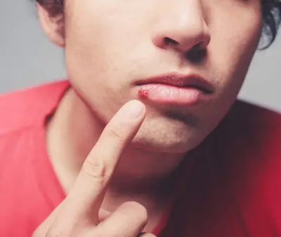 a photo of a man with a cold sore on his lip seeking treatment