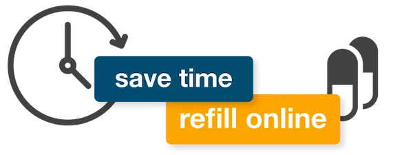 a logo with a graphics of a clock and some pills with the words: save time refill online