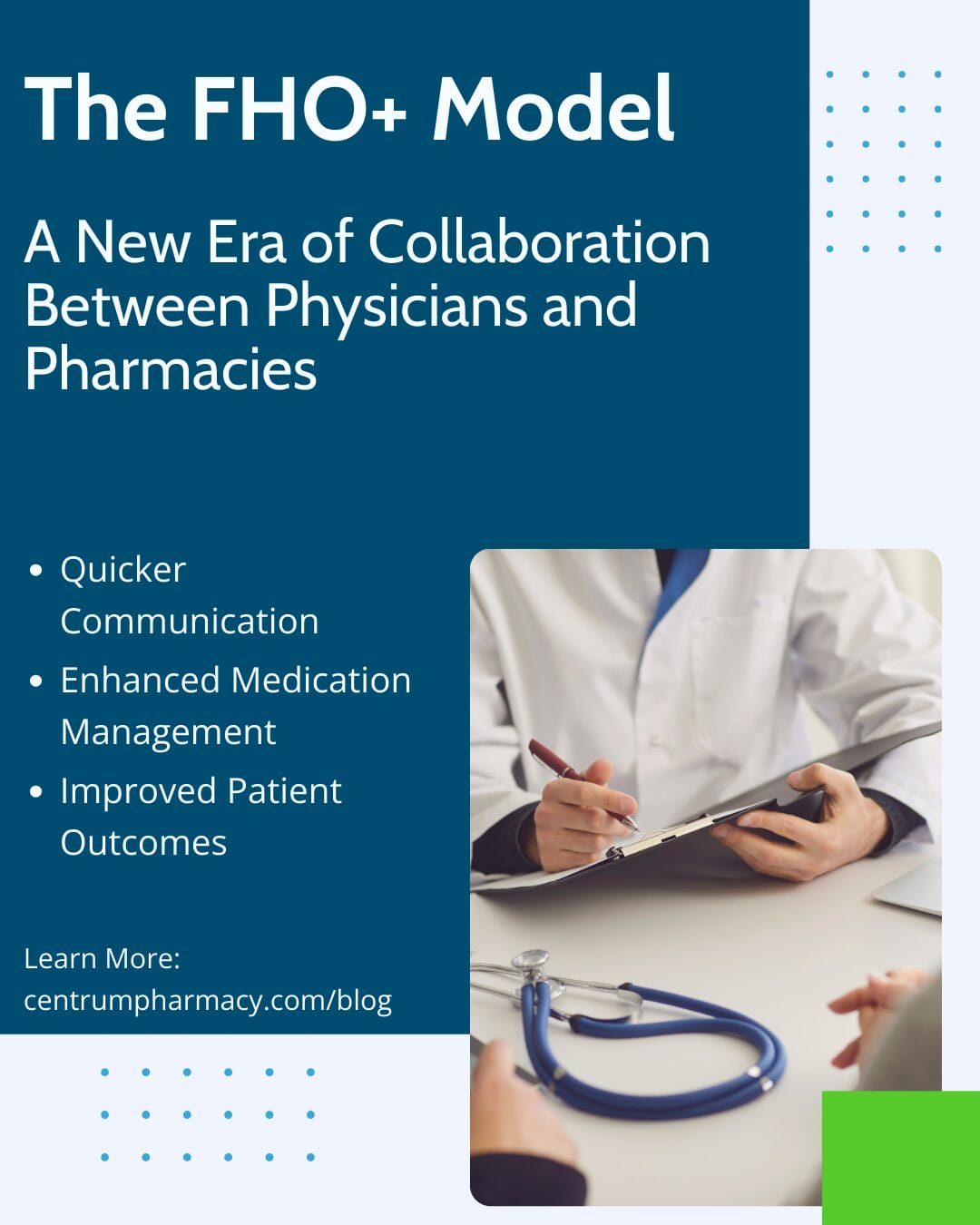 infographic featuring the headings from the article FHO+ Model and a photo of a doctor meeting with a patient in the Ottawa and Orleans area