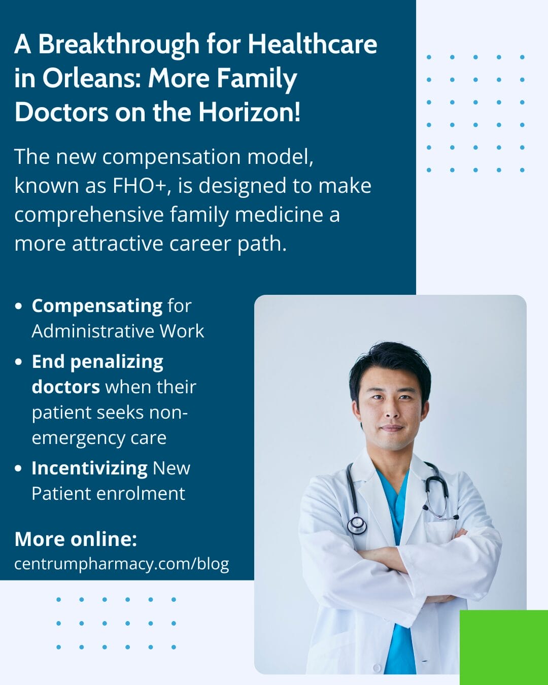 infographic with the title A Breakthrough for Healthcare in Orleans: More Family Doctors on the Horizon! featuring an image of a doctor serving Orleans Ontario.