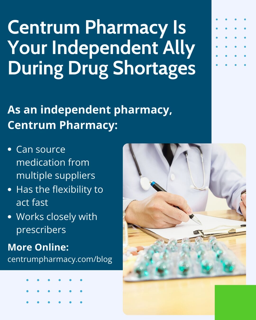 infographic: title Centrum Pharmacy Is Your Independent Ally During Drug Shortages featuring an image a pharmacists organizing medications