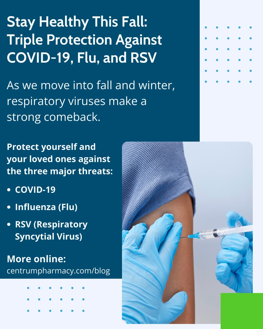 infographic wit the title Stay Healthy This Fall: Triple Protection Against COVID-19, Flu, and RSV featuring an image of a person being vaccinated against COVID-19, RSV and Influenza.