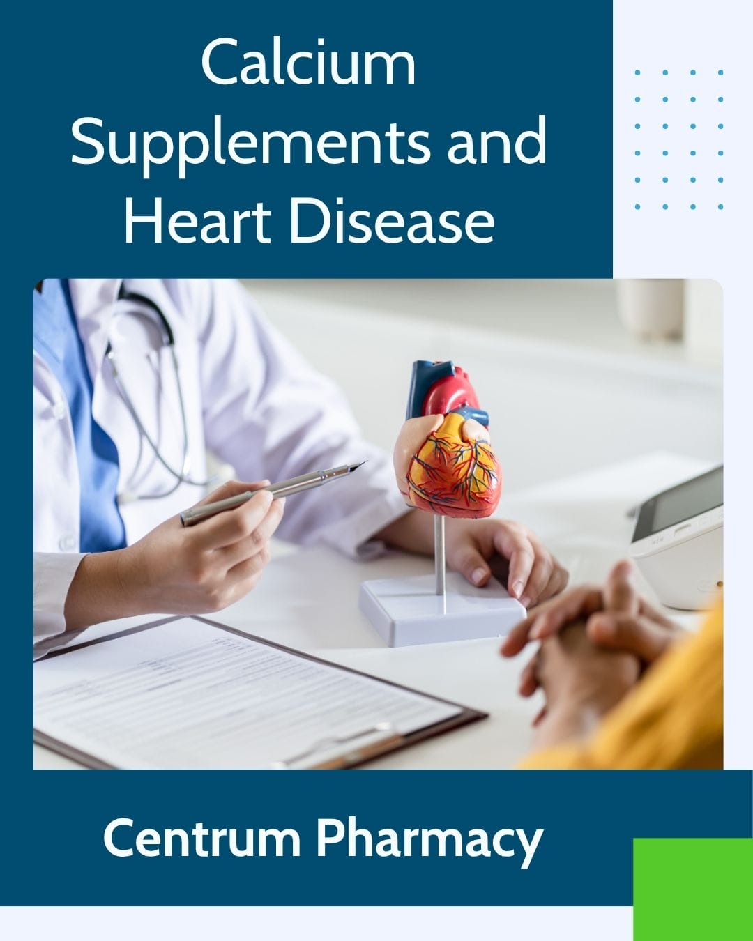 closeup of hands and a model of a heart. A patient consulting a pharmacist about supplement use and heart disease