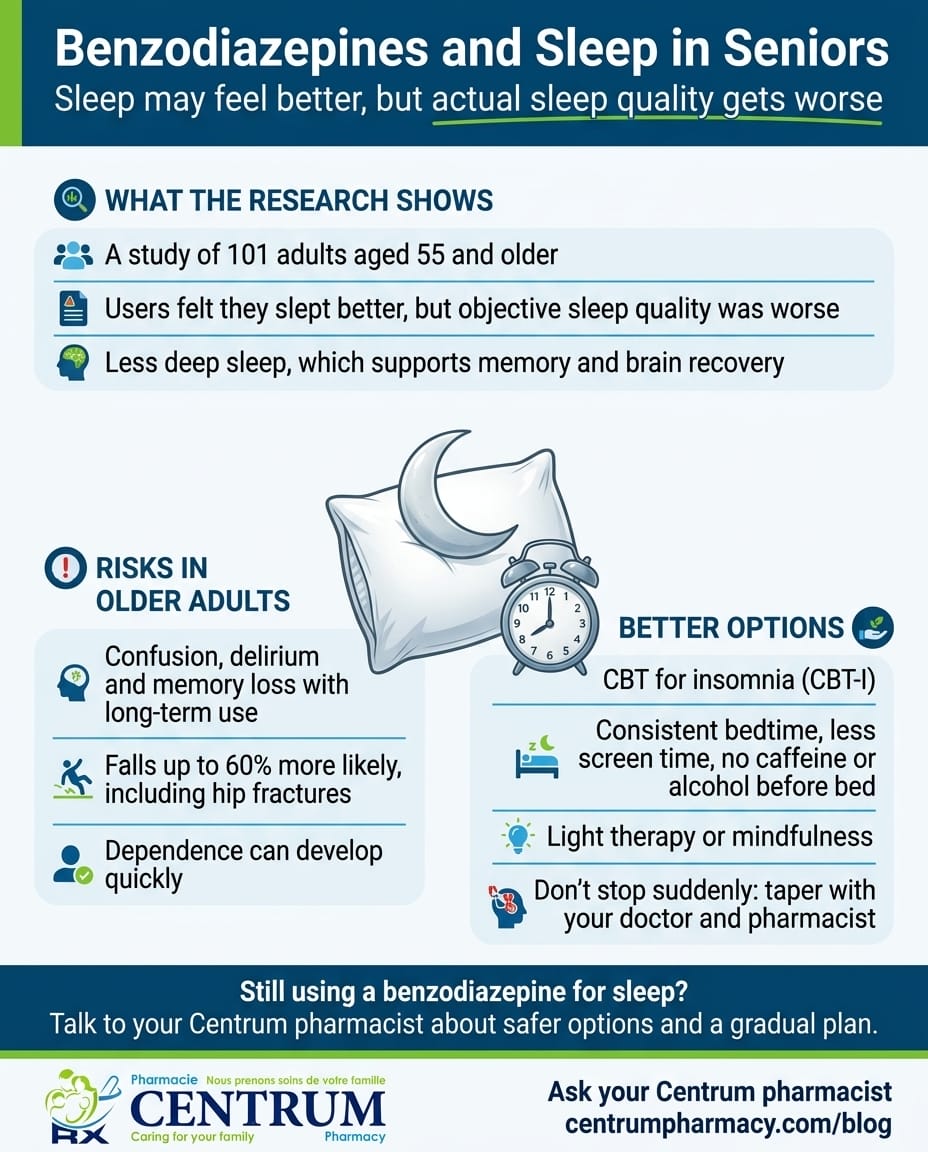Infographic: why benzodiazepines should be discontinued in seniors, effects on sleep and cognition. Centrum Pharmacy.