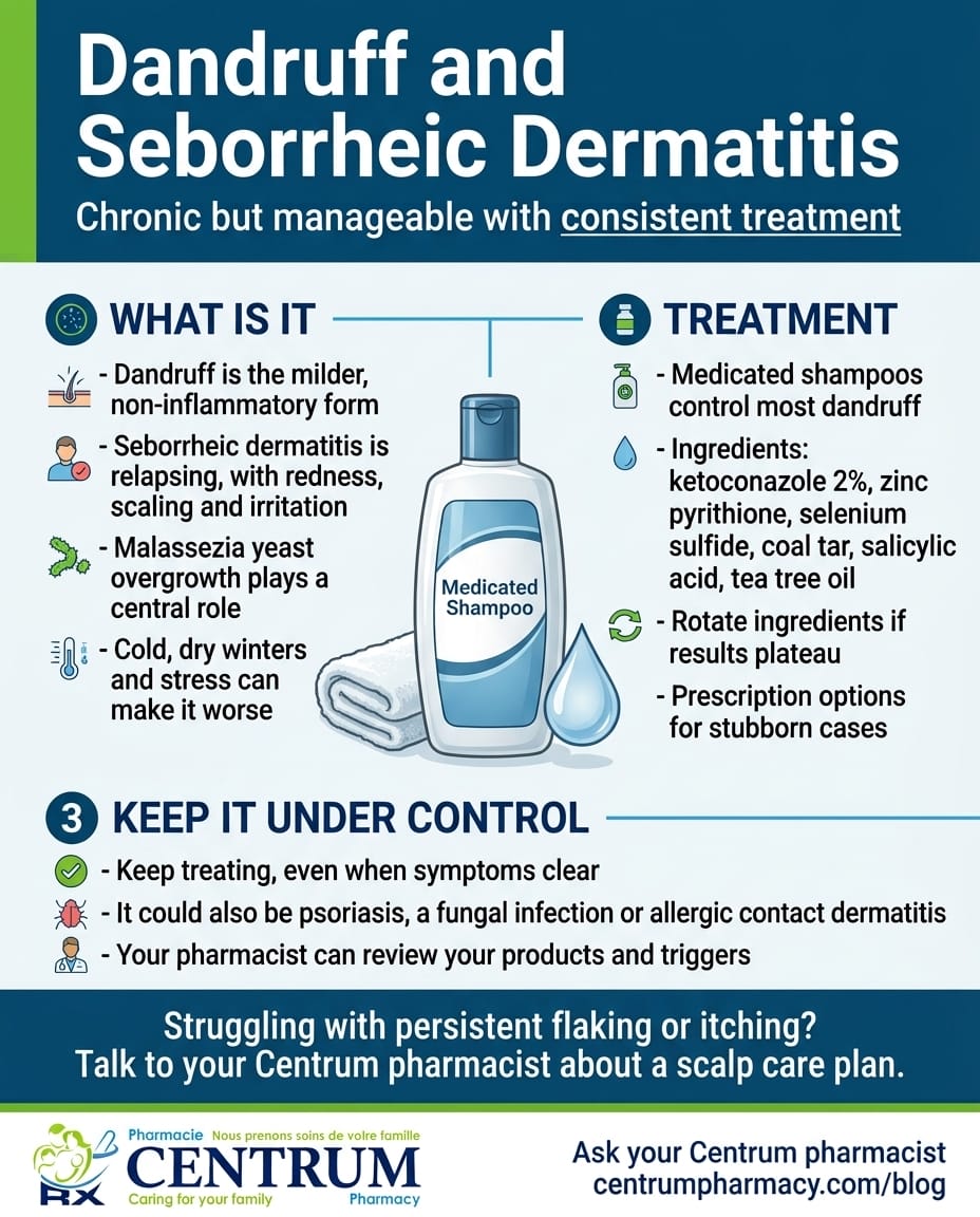 Infographic: managing dandruff and seborrheic dermatitis, treatment options and keeping it under control. Centrum Pharmacy.
