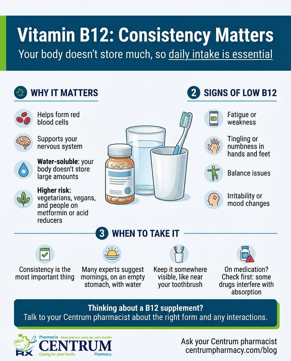 Infographic from Centrum Pharmacy: Vitamin B12, consistency matters. Why B12 is important, signs of low B12 such as fatigue and tingling, and tips for taking it daily, like keeping it near your toothbrush.